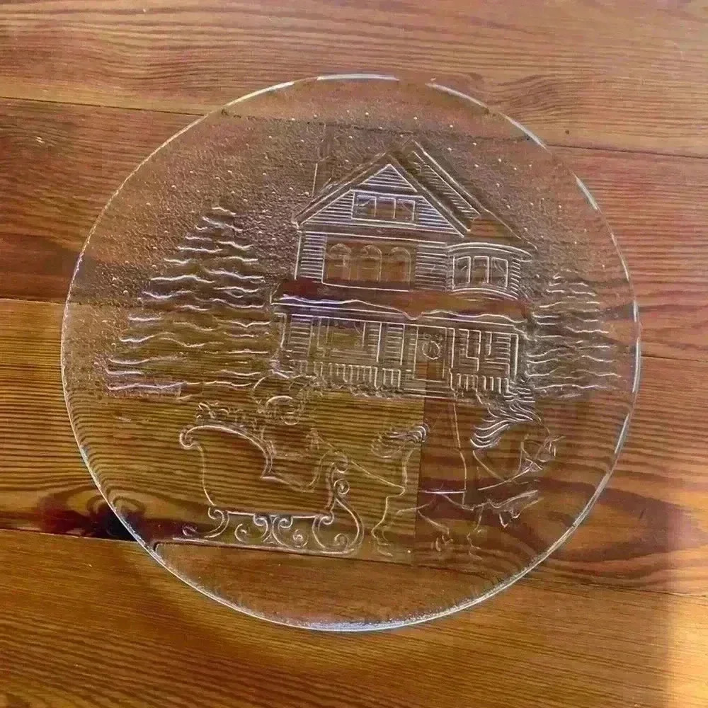 Libby Christmas Winter Sleigh Ride Scene Serving Platter/Clear Glass